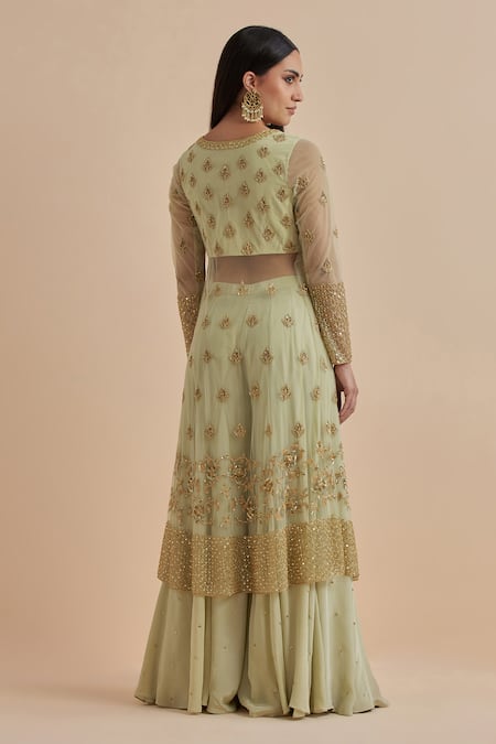 Shop Ikshita Choudhary Green Net, Crepe Sequins, Cut Work Leaf Hand Embroidered Kurta Flared Pant Set at Aza Fashions Shop_Ikshita Choudhary_Green Net, Crepe Sequins, Cut Work Leaf Hand Embroidered Kurta Flared Pant Set _at_Aza_Fashions