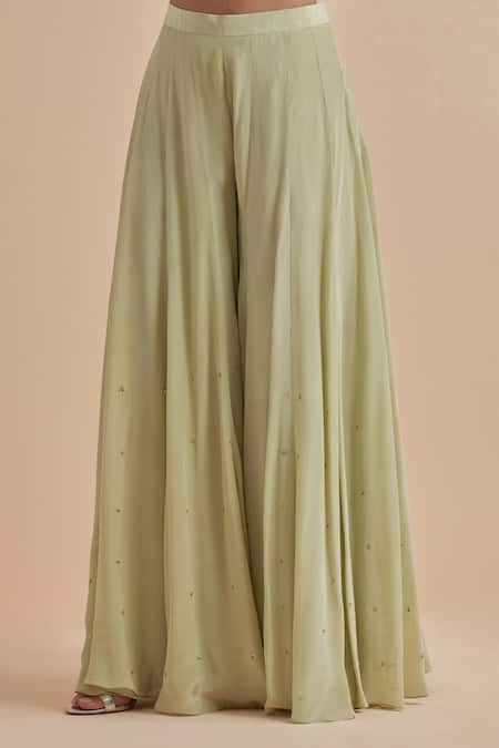 Ikshita Choudhary Green Net, Crepe Sequins, Cut Work Leaf Hand Embroidered Kurta Flared Pant Set Online at Aza Fashions Ikshita Choudhary_Green Net, Crepe Sequins, Cut Work Leaf Hand Embroidered Kurta Flared Pant Set _Online_at_Aza_Fashions