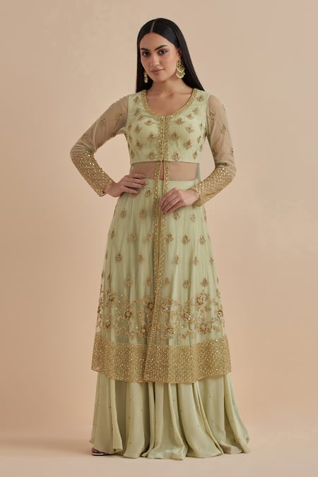 Buy Ikshita Choudhary Green Net, Crepe Sequins, Cut Work Leaf Hand Embroidered Kurta Flared Pant Set Online at Aza Fashions Buy_Ikshita Choudhary_Green Net, Crepe Sequins, Cut Work Leaf Hand Embroidered Kurta Flared Pant Set _Online_at_Aza_Fashions