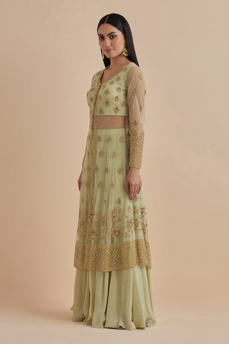 Shop Ikshita Choudhary Green Net, Crepe Sequins, Cut Work Leaf Hand Embroidered Kurta Flared Pant Set Online at Aza Fashions Shop_Ikshita Choudhary_Green Net, Crepe Sequins, Cut Work Leaf Hand Embroidered Kurta Flared Pant Set _Online_at_Aza_Fashions