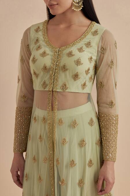 Ikshita Choudhary Green Net, Crepe Sequins, Cut Work Leaf Hand Embroidered Kurta Flared Pant Set at Aza Fashions Ikshita Choudhary_Green Net, Crepe Sequins, Cut Work Leaf Hand Embroidered Kurta Flared Pant Set _at_Aza_Fashions