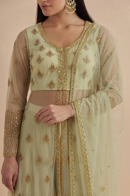 Buy Ikshita Choudhary Green Net, Crepe Sequins, Cut Work Leaf Hand Embroidered Kurta Flared Pant Set Buy_Ikshita Choudhary_Green Net, Crepe Sequins, Cut Work Leaf Hand Embroidered Kurta Flared Pant Set