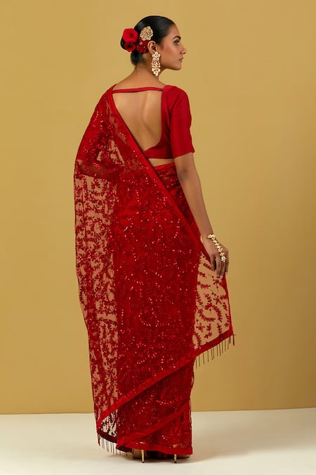 Shop Ikshita Choudhary Red Net, Satin Sequins V-neck Embroidered Saree And Blouse Set at Aza Fashions Shop_Ikshita Choudhary_Red Net, Satin Sequins V-neck Embroidered Saree And Blouse Set _at_Aza_Fashions