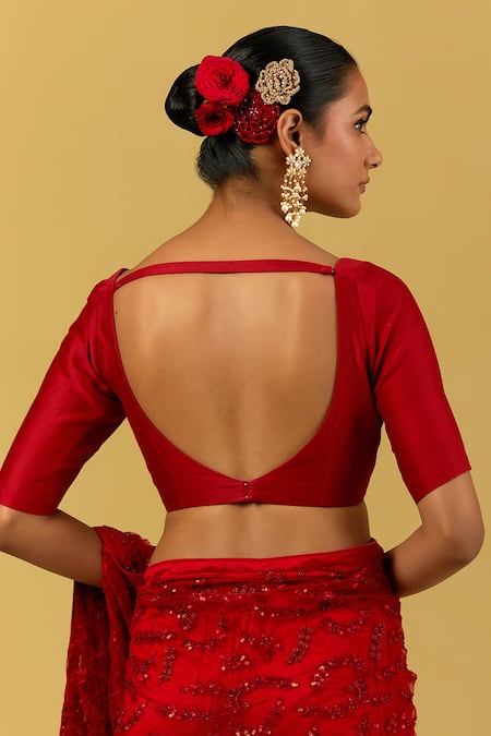 Ikshita Choudhary Red Net, Satin Sequins V-neck Embroidered Saree And Blouse Set Online at Aza Fashions Ikshita Choudhary_Red Net, Satin Sequins V-neck Embroidered Saree And Blouse Set _Online_at_Aza_Fashions