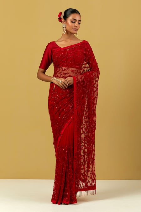 Buy Ikshita Choudhary Red Net, Satin Sequins V-neck Embroidered Saree And Blouse Set Online at Aza Fashions Buy_Ikshita Choudhary_Red Net, Satin Sequins V-neck Embroidered Saree And Blouse Set _Online_at_Aza_Fashions