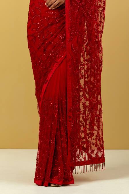 Shop Ikshita Choudhary Red Net, Satin Sequins V-neck Embroidered Saree And Blouse Set Online at Aza Fashions Shop_Ikshita Choudhary_Red Net, Satin Sequins V-neck Embroidered Saree And Blouse Set _Online_at_Aza_Fashions