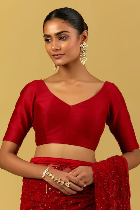 Ikshita Choudhary Red Net, Satin Sequins V-neck Embroidered Saree And Blouse Set at Aza Fashions Ikshita Choudhary_Red Net, Satin Sequins V-neck Embroidered Saree And Blouse Set _at_Aza_Fashions