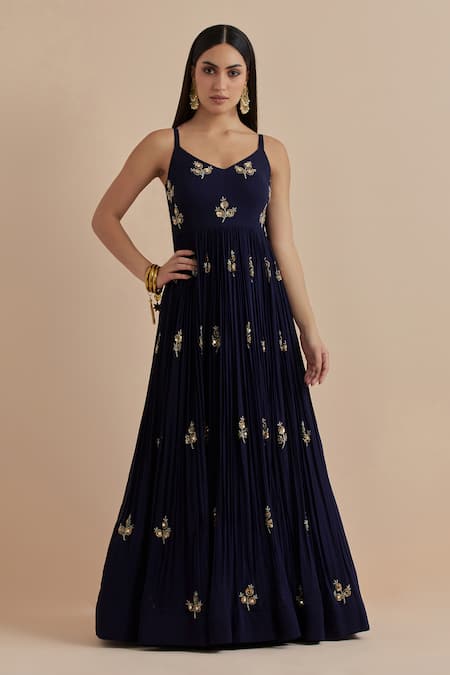 Ikshita Choudhary_Blue Georgette, Net Sequins, Embroidery Flower Butti Anarkali With Dupatta _Online_at_Aza_Fashions