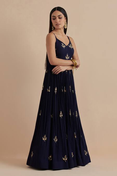 Buy_Ikshita Choudhary_Blue Georgette, Net Sequins, Embroidery Flower Butti Anarkali With Dupatta _Online_at_Aza_Fashions