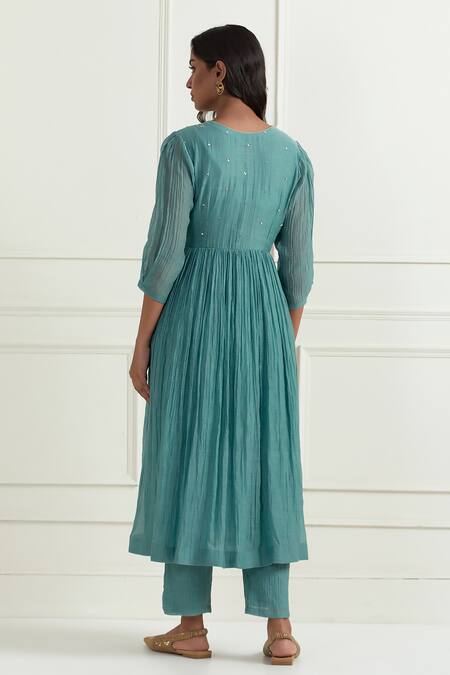 Shop_Ikshita Choudhary_Blue Chanderi Plain Pant _at_Aza_Fashions