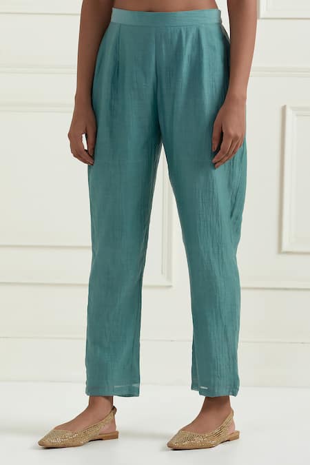 Buy_Ikshita Choudhary_Blue Chanderi Plain Pant _Online_at_Aza_Fashions