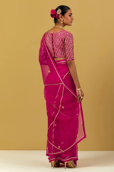 Shop Ikshita Choudhary Pink Chanderi Embroidery Sequin V Neck Floral Butti Saree And Blouse Set at Aza Fashions Shop_Ikshita Choudhary_Pink Chanderi Embroidery Sequin V Neck Floral Butti Saree And Blouse Set_at_Aza_Fashions