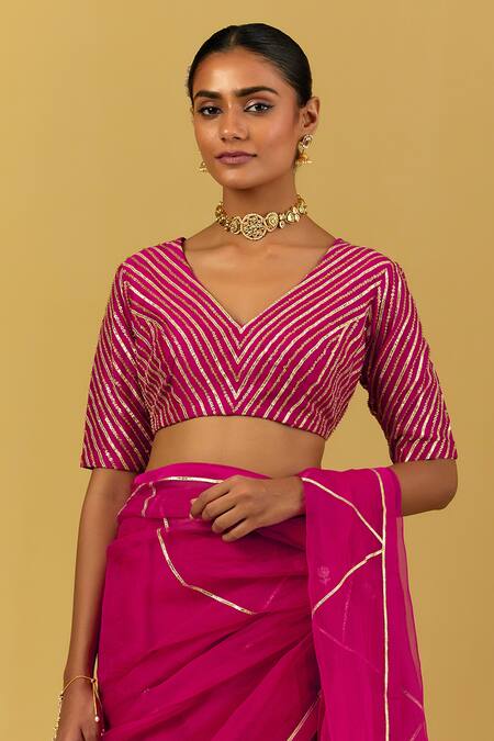 Ikshita Choudhary Pink Chanderi Embroidery Sequin V Neck Floral Butti Saree And Blouse Set Online at Aza Fashions Ikshita Choudhary_Pink Chanderi Embroidery Sequin V Neck Floral Butti Saree And Blouse Set_Online_at_Aza_Fashions