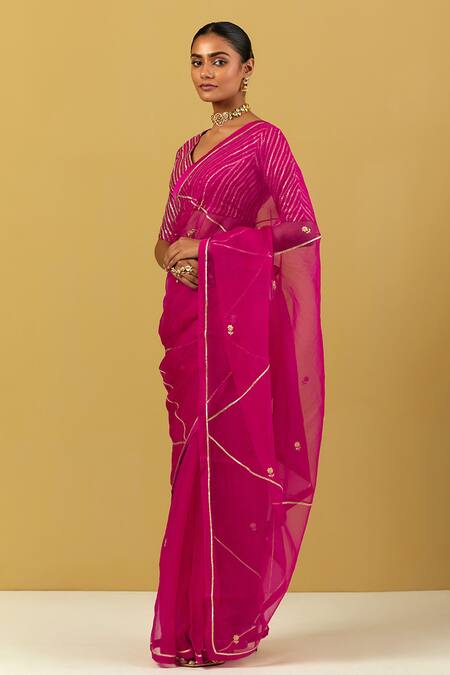 Buy Ikshita Choudhary Pink Chanderi Embroidery Sequin V Neck Floral Butti Saree And Blouse Set Online at Aza Fashions Buy_Ikshita Choudhary_Pink Chanderi Embroidery Sequin V Neck Floral Butti Saree And Blouse Set_Online_at_Aza_Fashions