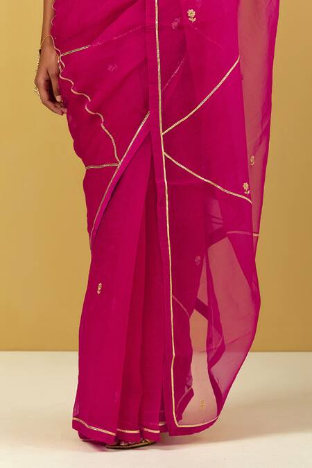 Shop Ikshita Choudhary Pink Chanderi Embroidery Sequin V Neck Floral Butti Saree And Blouse Set Online at Aza Fashions Shop_Ikshita Choudhary_Pink Chanderi Embroidery Sequin V Neck Floral Butti Saree And Blouse Set_Online_at_Aza_Fashions