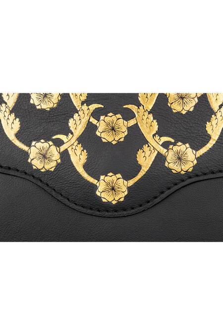 Aranyani_Black Floral Pattern Rectangle Wristlet_Online_at_Aza_Fashions