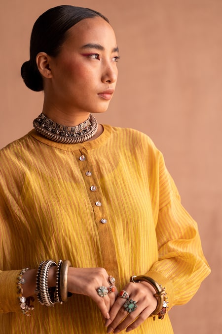 Buy_Swatti Kapoor_Yellow Chanderi Sequins, Embroidery Round Neck Aditya Hand Block Print Kurta 