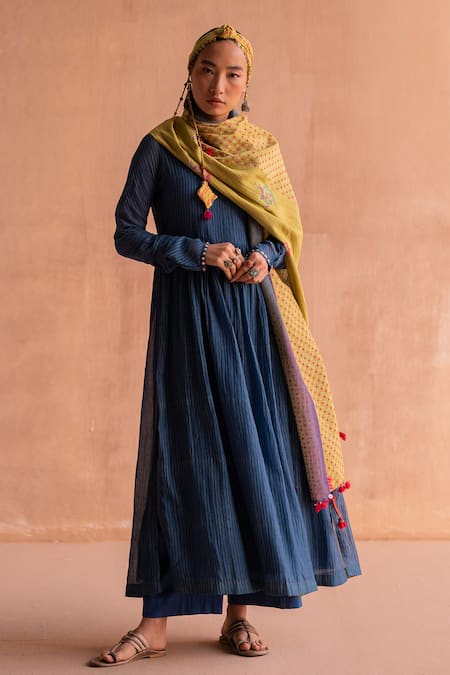 Swatti Kapoor_Blue 40gm Chanderi Printed And Hand Embroidered Brij Block Anarkali  _Online_at_Aza_Fashions