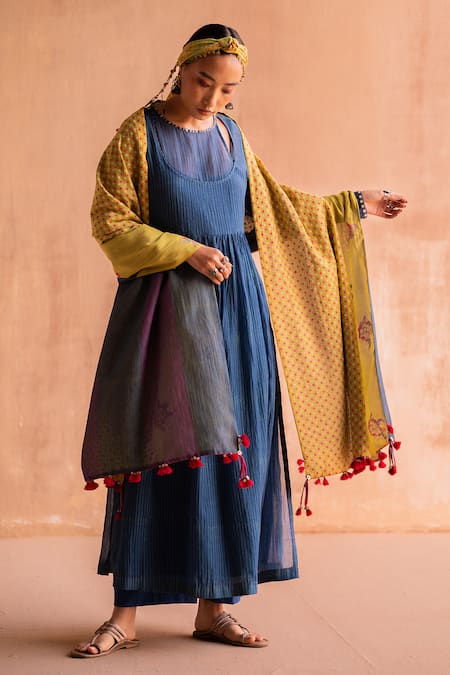 Buy_Swatti Kapoor_Blue 40gm Chanderi Printed And Hand Embroidered Brij Block Anarkali  _Online_at_Aza_Fashions