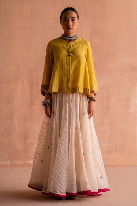 Swatti Kapoor_White Cotton, Wool Sequins, Beads Darsh Handwoven Embroidered Lehenga Skirt _Online_at_Aza_Fashions