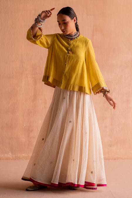 Shop_Swatti Kapoor_White Cotton, Wool Sequins, Beads Darsh Handwoven Embroidered Lehenga Skirt _Online_at_Aza_Fashions