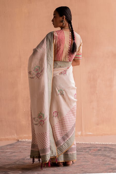 Shop Swatti Kapoor White 40gm Chanderi Printed And Embroidered Stripe Block Gati Blouse at Aza Fashions Shop_Swatti Kapoor_White 40gm Chanderi Printed And Embroidered Stripe Block Gati Blouse _at_Aza_Fashions