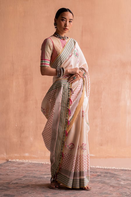 Swatti Kapoor White 40gm Chanderi Printed And Embroidered Stripe Block Gati Blouse Online at Aza Fashions Swatti Kapoor_White 40gm Chanderi Printed And Embroidered Stripe Block Gati Blouse _Online_at_Aza_Fashions