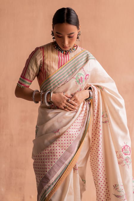 Buy Swatti Kapoor White 40gm Chanderi Printed And Embroidered Stripe Block Gati Blouse Online at Aza Fashions Buy_Swatti Kapoor_White 40gm Chanderi Printed And Embroidered Stripe Block Gati Blouse _Online_at_Aza_Fashions