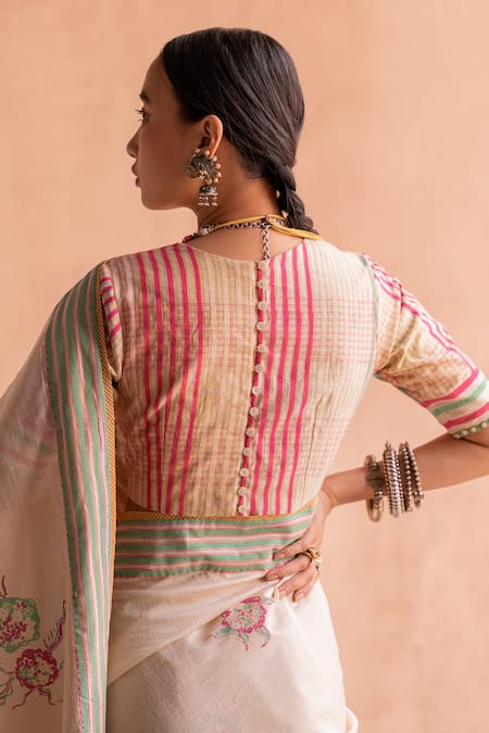 Swatti Kapoor White 40gm Chanderi Printed And Embroidered Stripe Block Gati Blouse at Aza Fashions Swatti Kapoor_White 40gm Chanderi Printed And Embroidered Stripe Block Gati Blouse _at_Aza_Fashions