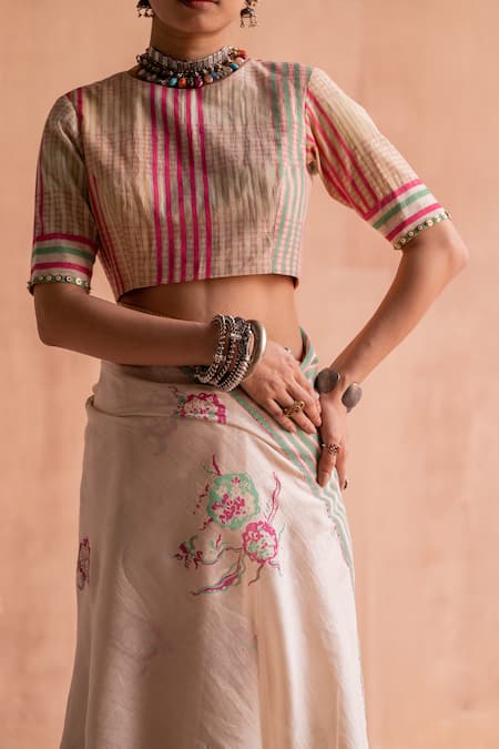 Buy Swatti Kapoor White 40gm Chanderi Printed And Embroidered Stripe Block Gati Blouse Buy_Swatti Kapoor_White 40gm Chanderi Printed And Embroidered Stripe Block Gati Blouse