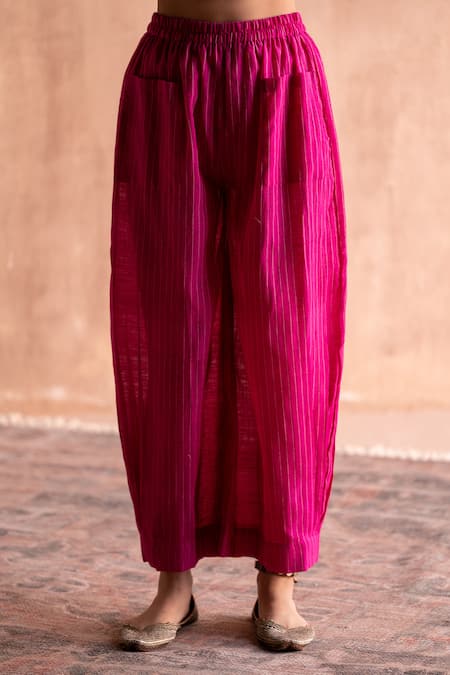 Buy_Swatti Kapoor_Pink Handloom Cotton Gokul Handwoven Pleated Pant _Online_at_Aza_Fashions