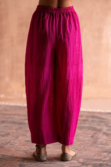 Shop_Swatti Kapoor_Pink Handloom Cotton Gokul Handwoven Pleated Pant _Online_at_Aza_Fashions