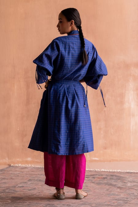 Shop Swatti Kapoor Blue Handloom Cotton, Cotton, Silk Collared Ishna Checkered Pattern Trench Coat at Aza Fashions Shop_Swatti Kapoor_Blue Handloom Cotton, Cotton, Silk Collared Ishna Checkered Pattern Trench Coat _at_Aza_Fashions
