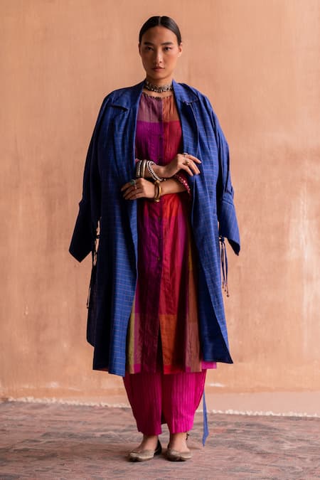 Swatti Kapoor Blue Handloom Cotton, Cotton, Silk Collared Ishna Checkered Pattern Trench Coat Online at Aza Fashions Swatti Kapoor_Blue Handloom Cotton, Cotton, Silk Collared Ishna Checkered Pattern Trench Coat _Online_at_Aza_Fashions