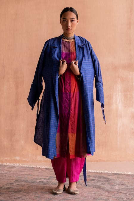 Buy Swatti Kapoor Blue Handloom Cotton, Cotton, Silk Collared Ishna Checkered Pattern Trench Coat Online at Aza Fashions Buy_Swatti Kapoor_Blue Handloom Cotton, Cotton, Silk Collared Ishna Checkered Pattern Trench Coat _Online_at_Aza_Fashions