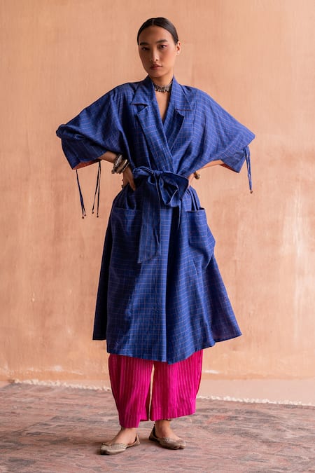 Shop Swatti Kapoor Blue Handloom Cotton, Cotton, Silk Collared Ishna Checkered Pattern Trench Coat Online at Aza Fashions Shop_Swatti Kapoor_Blue Handloom Cotton, Cotton, Silk Collared Ishna Checkered Pattern Trench Coat _Online_at_Aza_Fashions