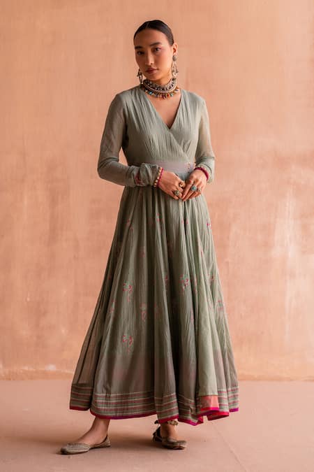 Swatti Kapoor_Green 40gm Chanderi Printed And Hand Embroidered Jaya Block Anarkali  _Online_at_Aza_Fashions