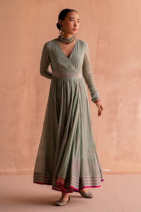 Shop_Swatti Kapoor_Green 40gm Chanderi Printed And Hand Embroidered Jaya Block Anarkali  _Online_at_Aza_Fashions