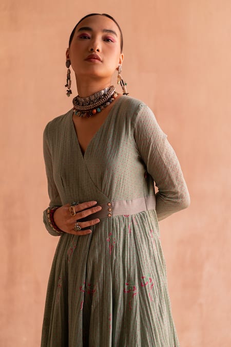 Swatti Kapoor_Green 40gm Chanderi Printed And Hand Embroidered Jaya Block Anarkali  _at_Aza_Fashions