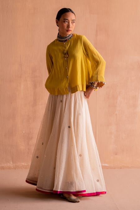 Buy Swatti Kapoor Yellow Chanderi Sequins, Beads Round Neck Kanji Handwoven Flared Top Online at Aza Fashions Buy_Swatti Kapoor_Yellow Chanderi Sequins, Beads Round Neck Kanji Handwoven Flared Top _Online_at_Aza_Fashions