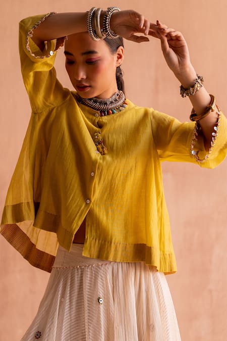 Shop Swatti Kapoor Yellow Chanderi Sequins, Beads Round Neck Kanji Handwoven Flared Top Online at Aza Fashions Shop_Swatti Kapoor_Yellow Chanderi Sequins, Beads Round Neck Kanji Handwoven Flared Top _Online_at_Aza_Fashions