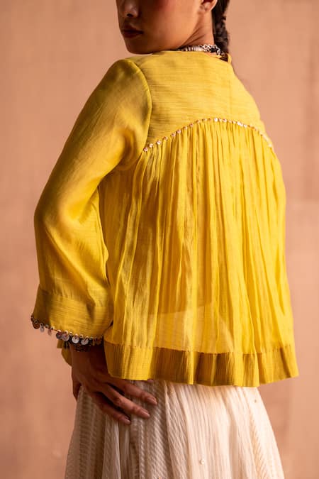 Swatti Kapoor Yellow Chanderi Sequins, Beads Round Neck Kanji Handwoven Flared Top at Aza Fashions Swatti Kapoor_Yellow Chanderi Sequins, Beads Round Neck Kanji Handwoven Flared Top _at_Aza_Fashions