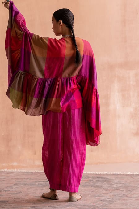 Shop_Swatti Kapoor_Pink , Handloom Sequins, Beads Boat Neck Kanu Handwoven Tiered Top _at_Aza_Fashions