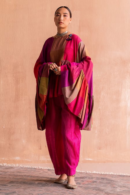Swatti Kapoor_Pink , Handloom Sequins, Beads Boat Neck Kanu Handwoven Tiered Top _Online_at_Aza_Fashions