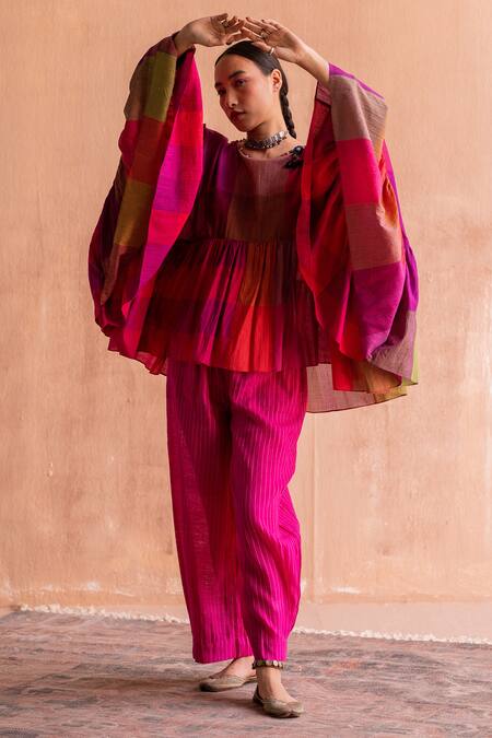 Buy_Swatti Kapoor_Pink , Handloom Sequins, Beads Boat Neck Kanu Handwoven Tiered Top _Online_at_Aza_Fashions