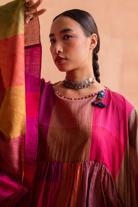 Swatti Kapoor_Pink , Handloom Sequins, Beads Boat Neck Kanu Handwoven Tiered Top _at_Aza_Fashions