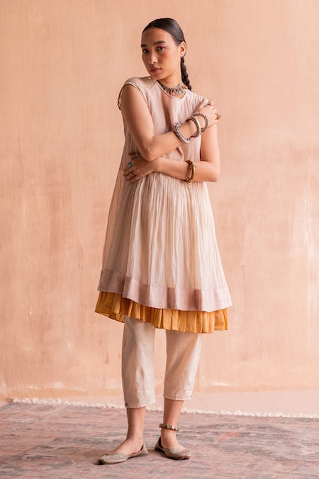 Swatti Kapoor White Chanderi Embroidery Round Neck Kishori Short Anarkali Online at Aza Fashions Swatti Kapoor_White Chanderi Embroidery Round Neck Kishori Short Anarkali _Online_at_Aza_Fashions