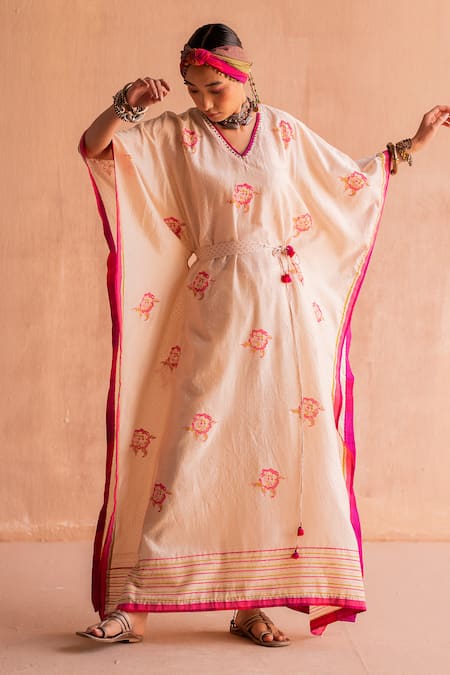 Swatti Kapoor_White Chanderi Embroidery, Sequins V-neck Lalita Hand Block Print Kaftan _Online_at_Aza_Fashions
