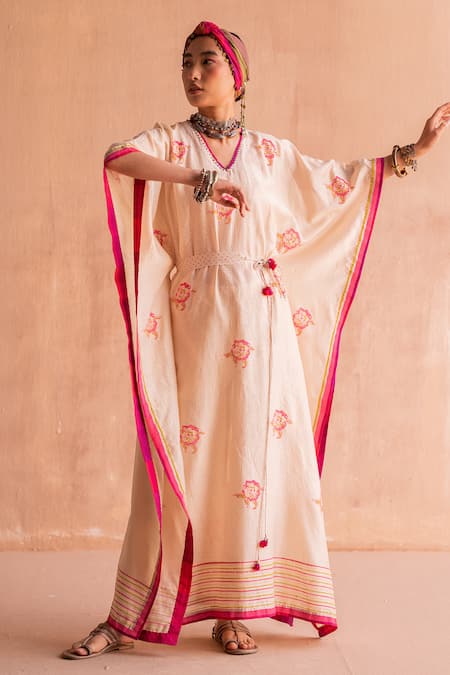 Buy_Swatti Kapoor_White Chanderi Embroidery, Sequins V-neck Lalita Hand Block Print Kaftan _Online_at_Aza_Fashions