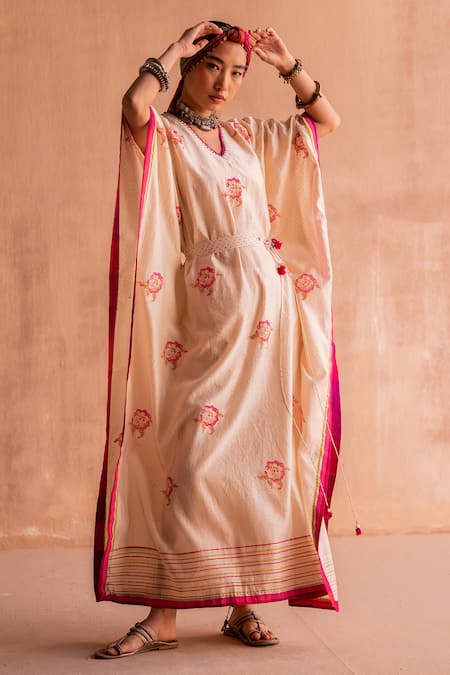 Shop_Swatti Kapoor_White Chanderi Embroidery, Sequins V-neck Lalita Hand Block Print Kaftan _Online_at_Aza_Fashions